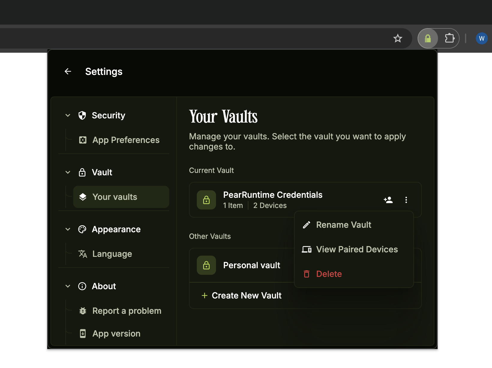 Dropdown menu with Rename Vault, View Paired Devices, and Delete options