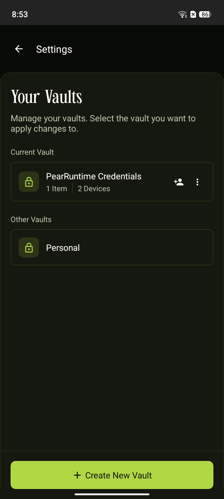 Your Vaults screen showing current vault with the three dots menu icon