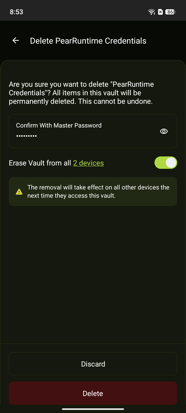 Delete vault confirmation screen with master password field and Erase Vault toggle